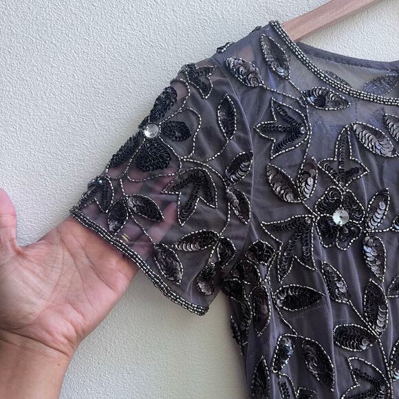 Adrianna Papell Hand Beaded Short Sleeve Floral Godet Gown in Moonscape Dress 0 - Picture 9 of 12